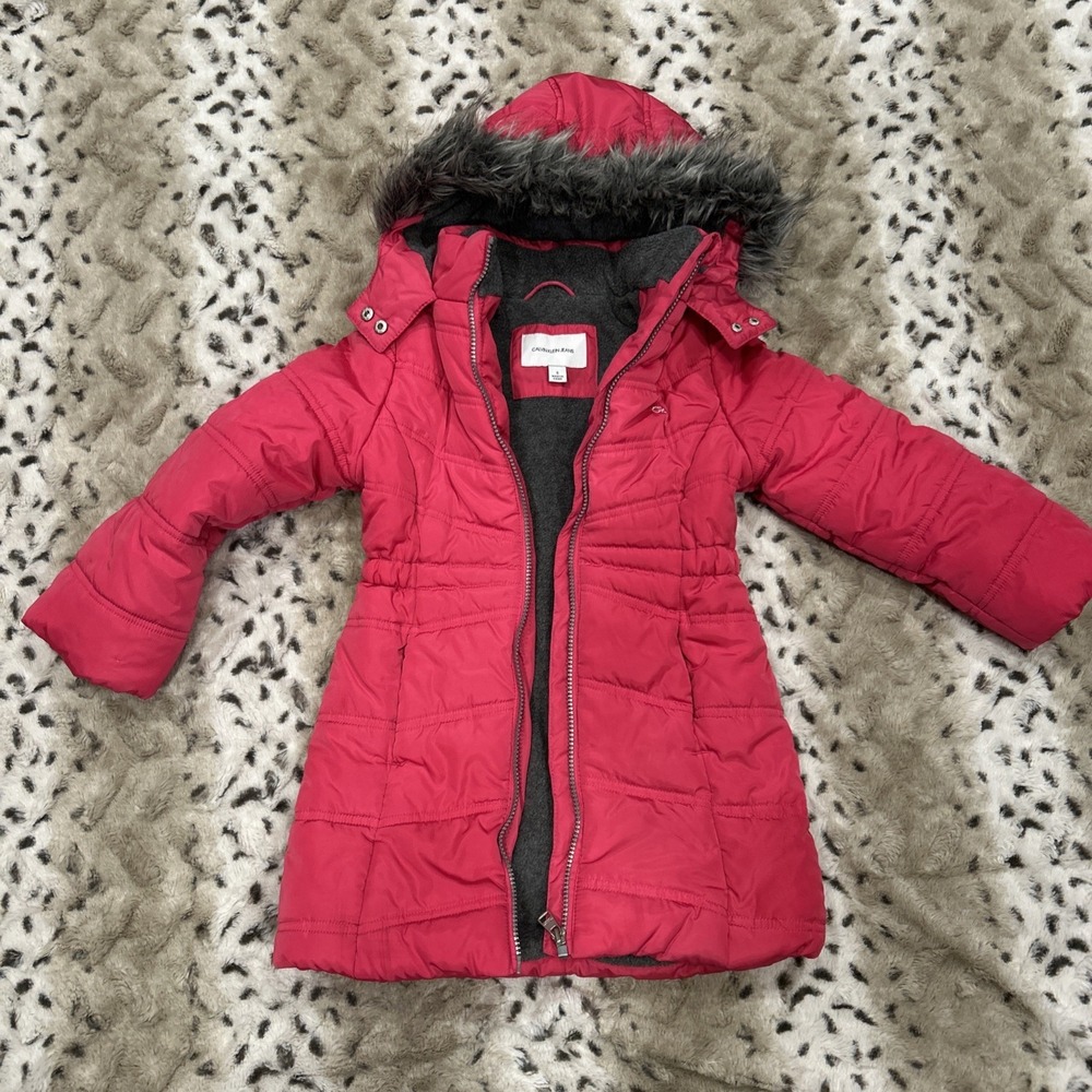 Calvin Klein Size 5 Girl's Aerial Long Puffer Coat Pink Berry Gray Jacket